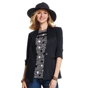 CAbi 3026 Turner Black Ponte knit Collarless one button Blazer jacket Size 6